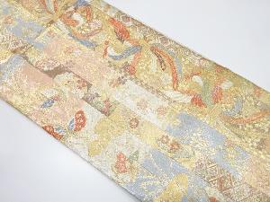 縞に鳳凰・桜・蝶模様織出し袋帯